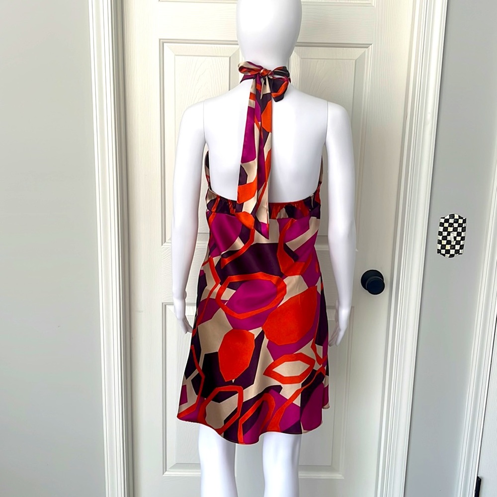 NWOT KLD Signature Abstract Print Silk Slip Satin Vintage Halter Mini Dress -M - Picture 3 of 9